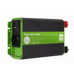 EnerGenie EG-PWC-PS500-01, 12 V Pure sine wave car DC-AC power inverter, 500 W, with USB port / 5V-2.1A, Input: 10-16 VDC (accumulator directly) - Output: 230 VAC +/- 10% at 50 Hz (+/-1Hz), pure sine wave, THD < 3%, 90% efficiency